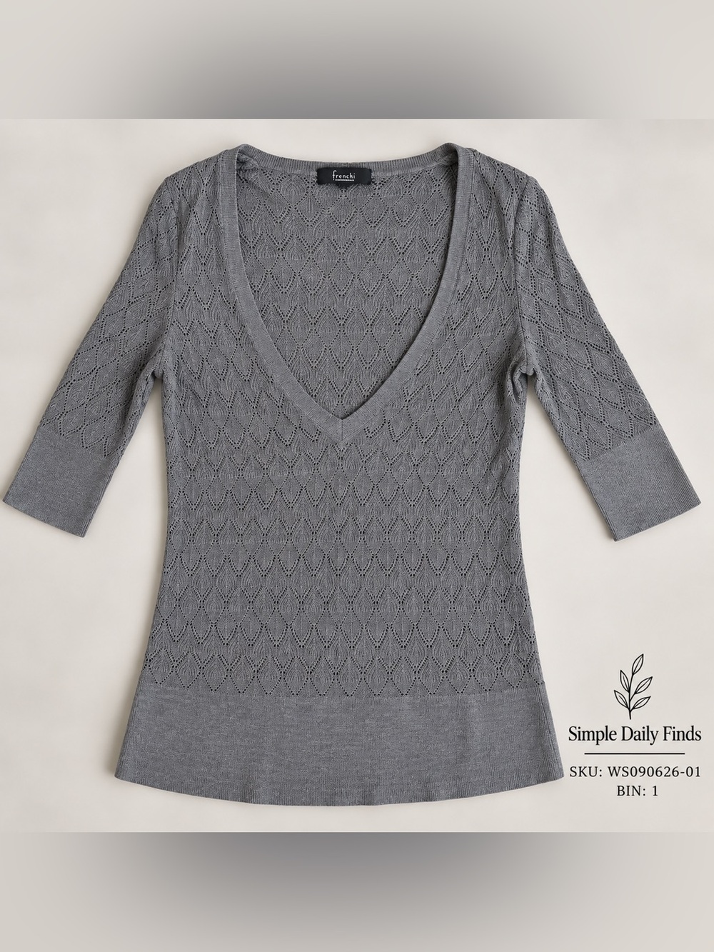 Frenchi Gray Pointelle Open Knit V Neck 3/4 Sleeve Sweater Top Y2K